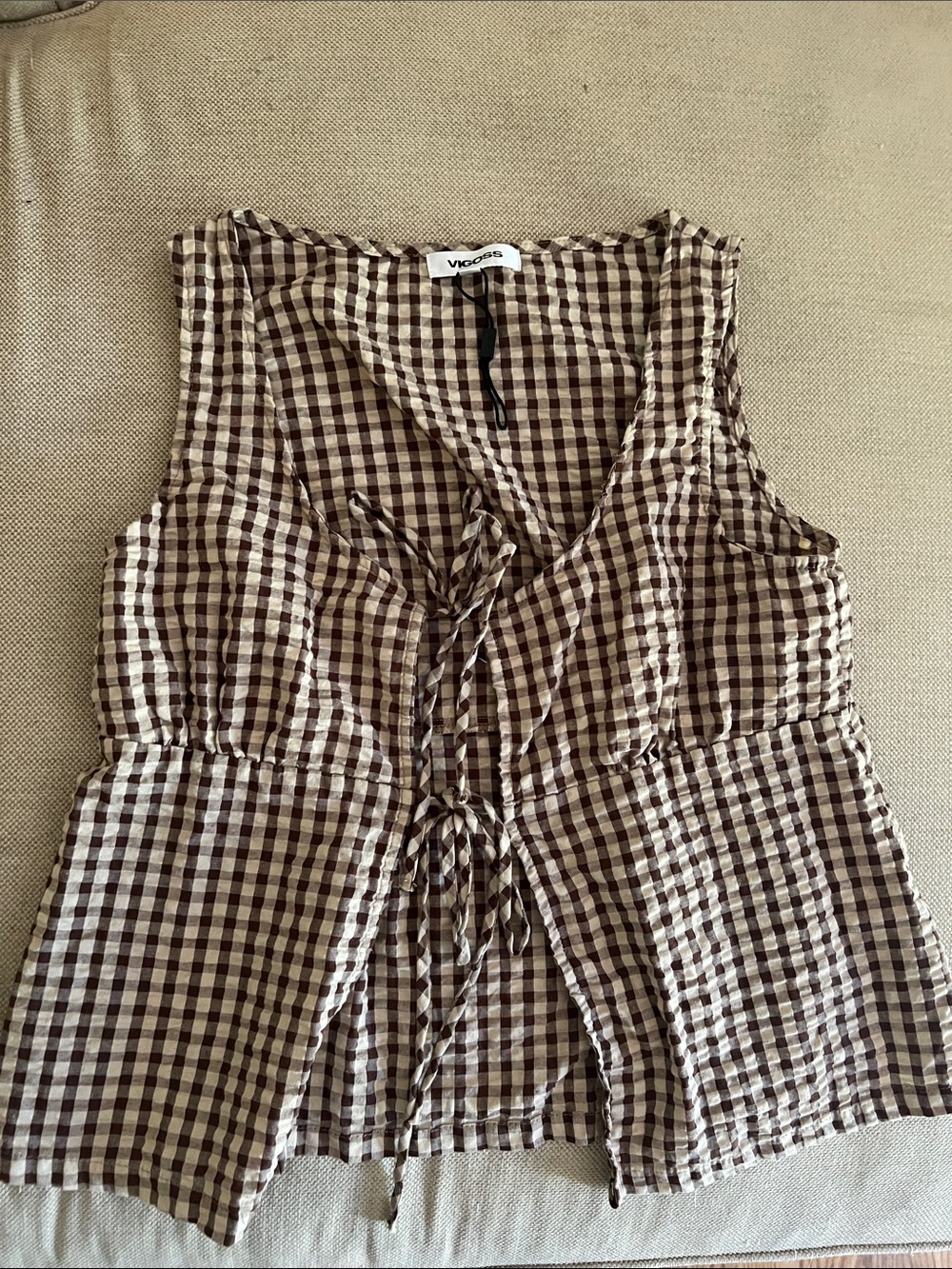 Vigoss Brown & Cream Gingham Tie-Front Tank